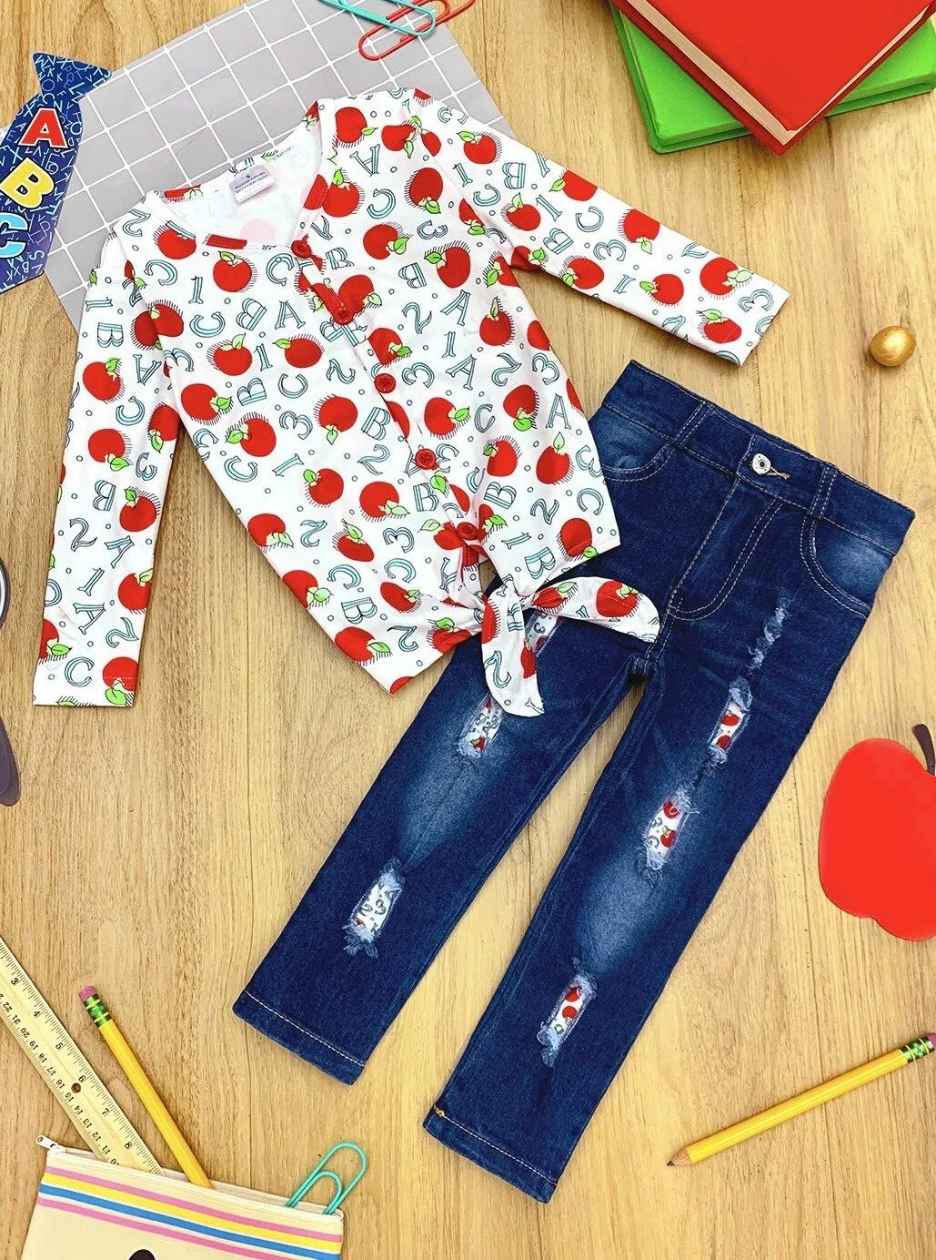 Girls Apple Cutie Buttoned Knot Tie Top and Patched Jeans Set