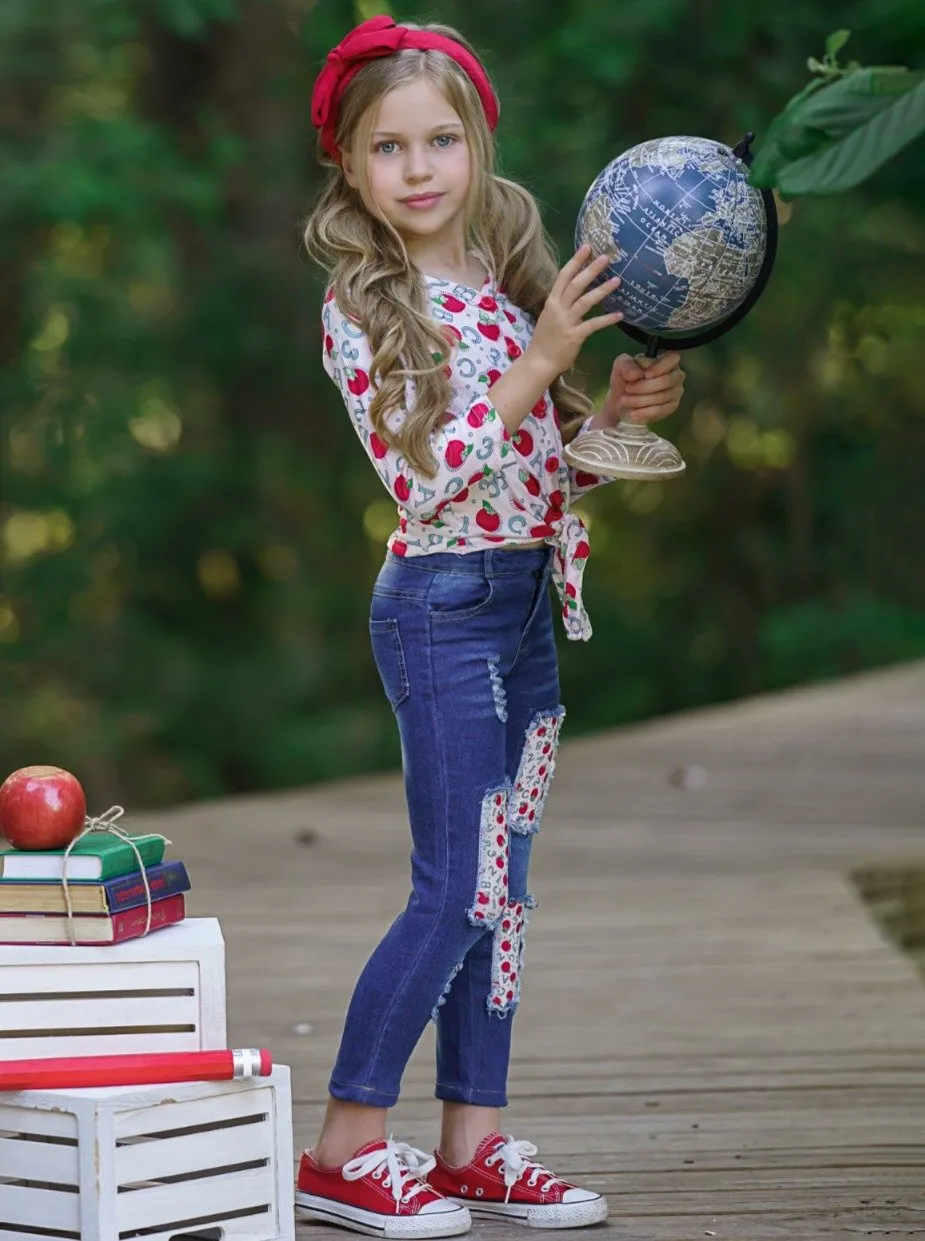 Girls Apple Cutie Buttoned Knot Tie Top and Patched Jeans Set