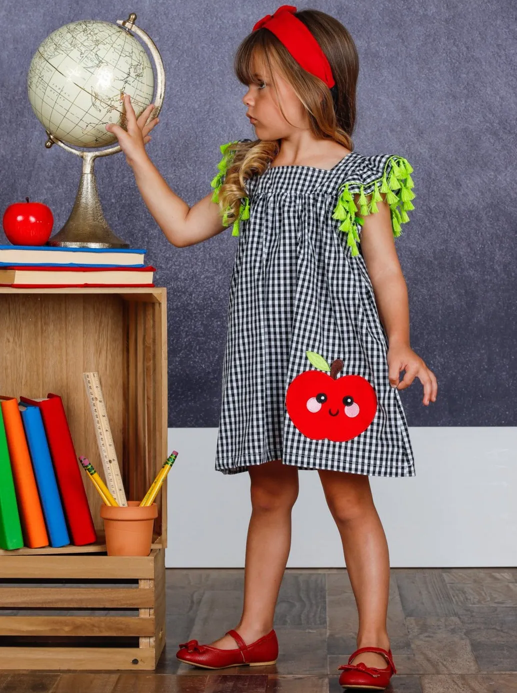 Girls Plaid Smiley Apple Tassel Dress