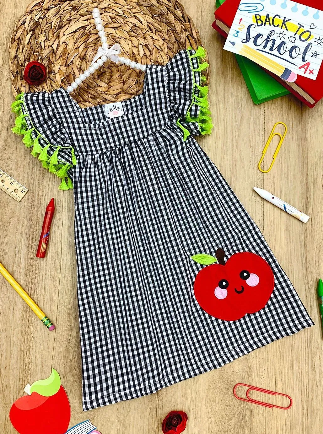 Girls Plaid Smiley Apple Tassel Dress