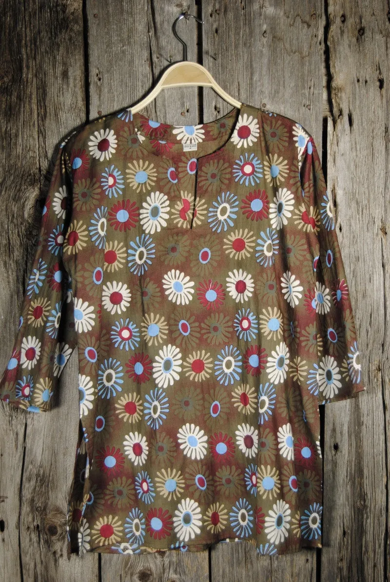 Green Khaki Cotton Tunic Top with Bright Floral