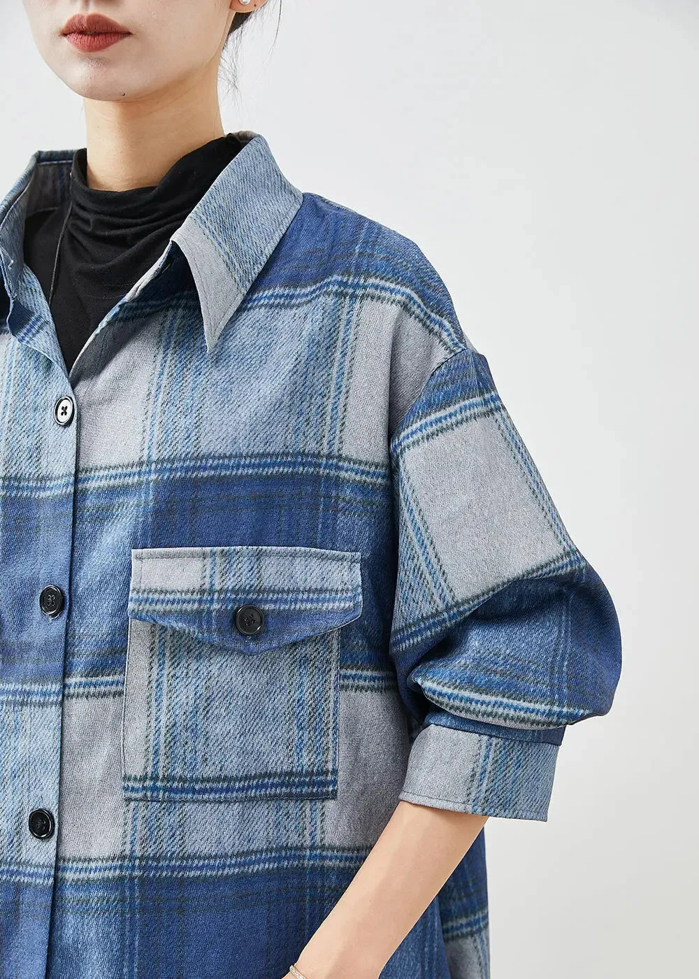 Handmade Blue Plaid Woolen Shirt Trench Coats Fall ML1206