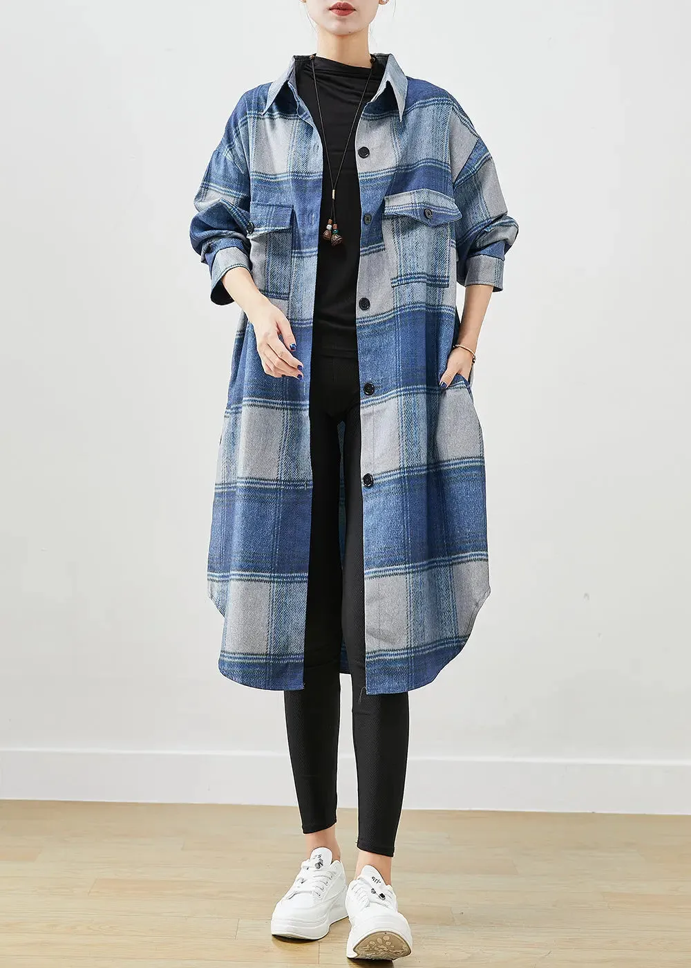 Handmade Blue Plaid Woolen Shirt Trench Coats Fall ML1206