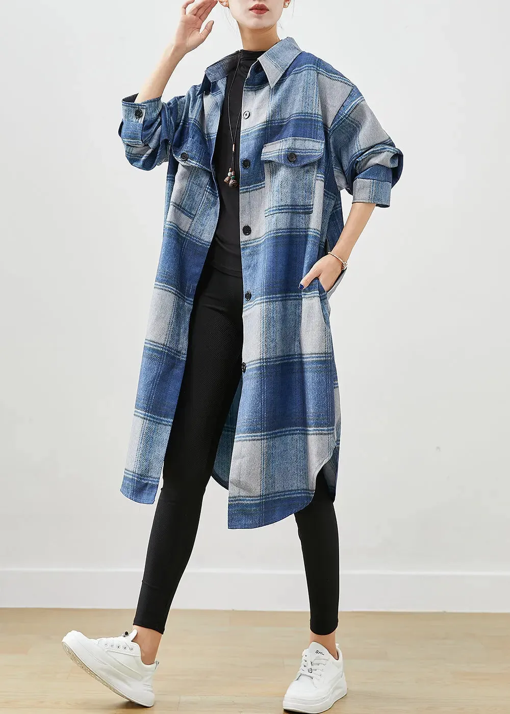 Handmade Blue Plaid Woolen Shirt Trench Coats Fall ML1206