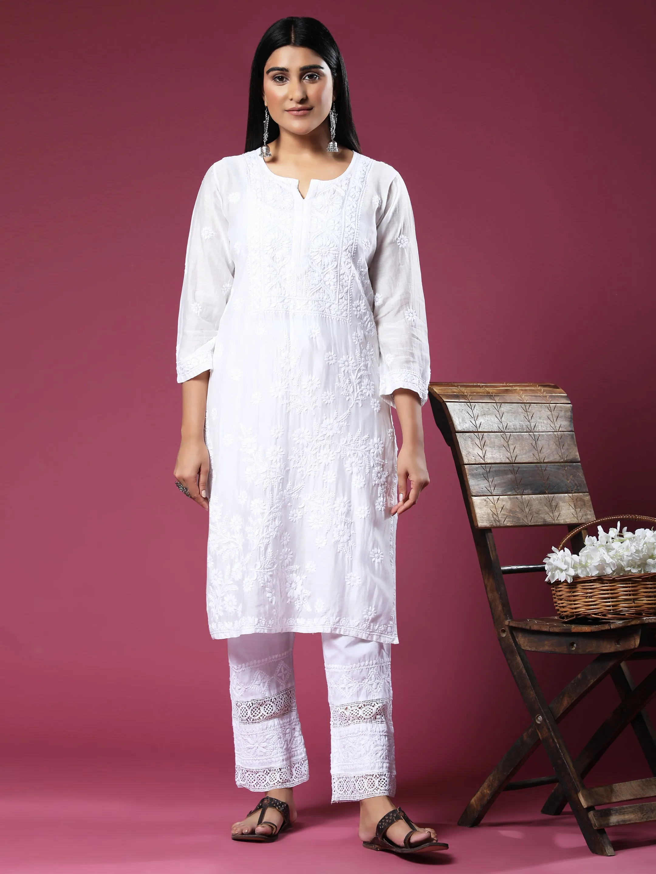 House Of Kari Chikankari Embroidered Cotton White Relaxed Pants Trousers-8