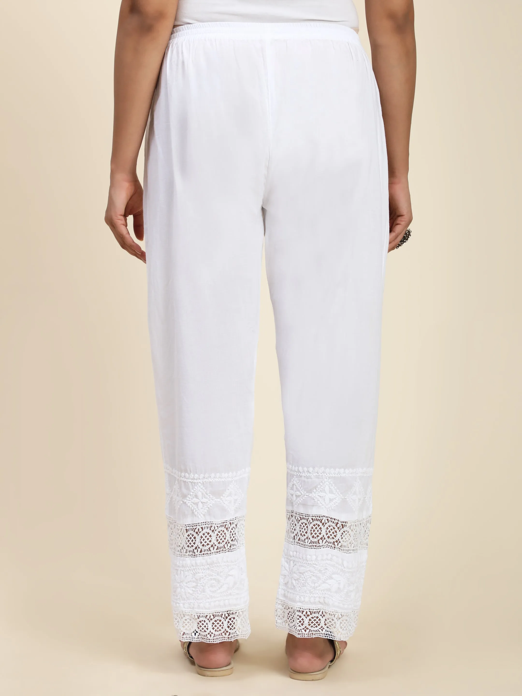 House Of Kari Chikankari Embroidered Cotton White Relaxed Pants Trousers-8