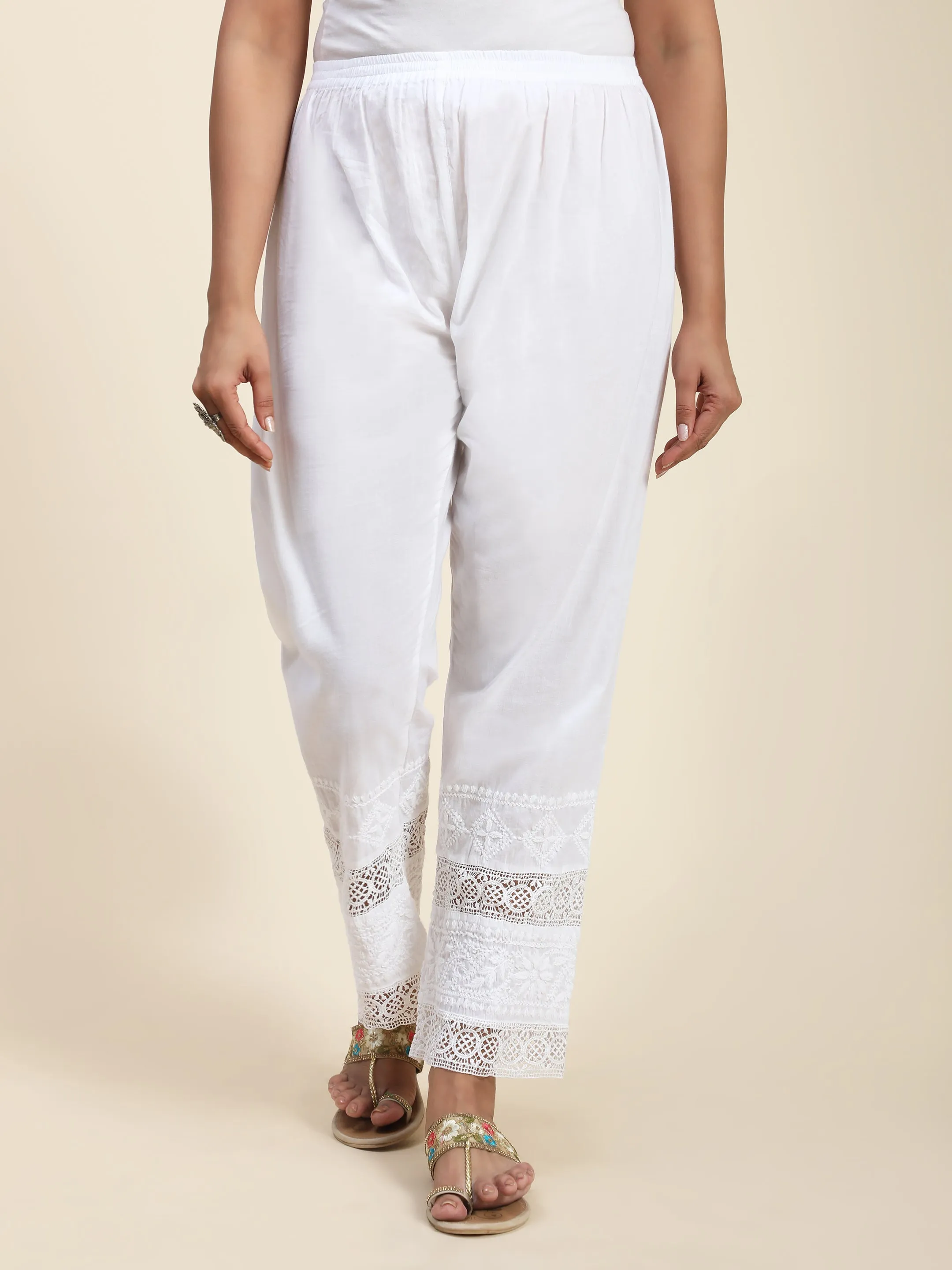 House Of Kari Chikankari Embroidered Cotton White Relaxed Pants Trousers-8