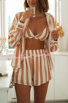 Justine Loose Striped Shirt and Elastic Waist Short Set with Cami Top