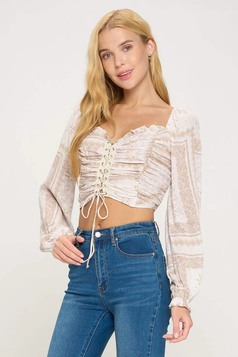 Lace Up Front Shirred Smock Back Blouse Top