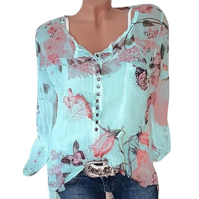 Long Sleeve Floral Print Blouses Casual