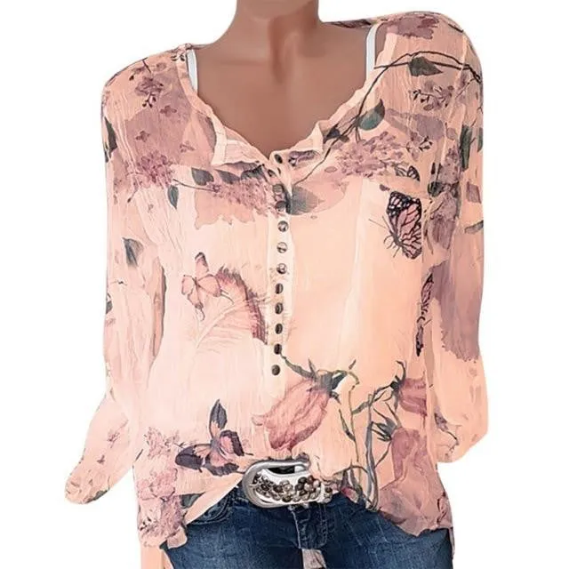 Long Sleeve Floral Print Blouses Casual