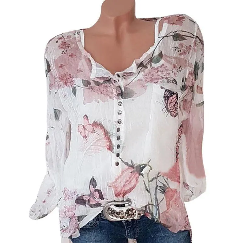 Long Sleeve Floral Print Blouses Casual