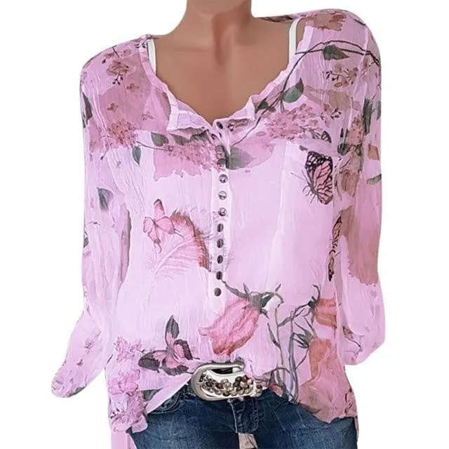 Long Sleeve Floral Print Blouses Casual