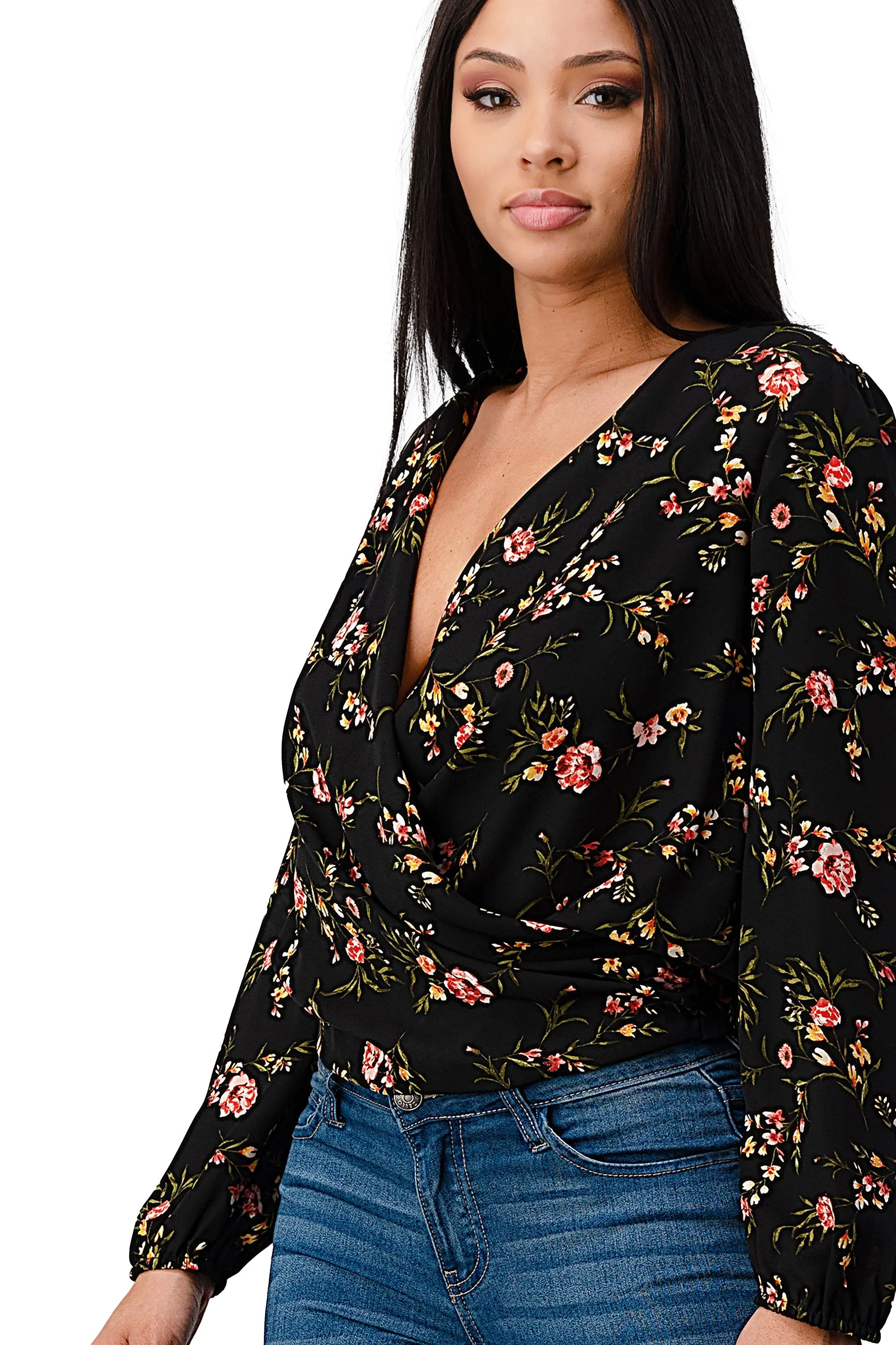 Long Sleeve Floral Surplice Blouse Top