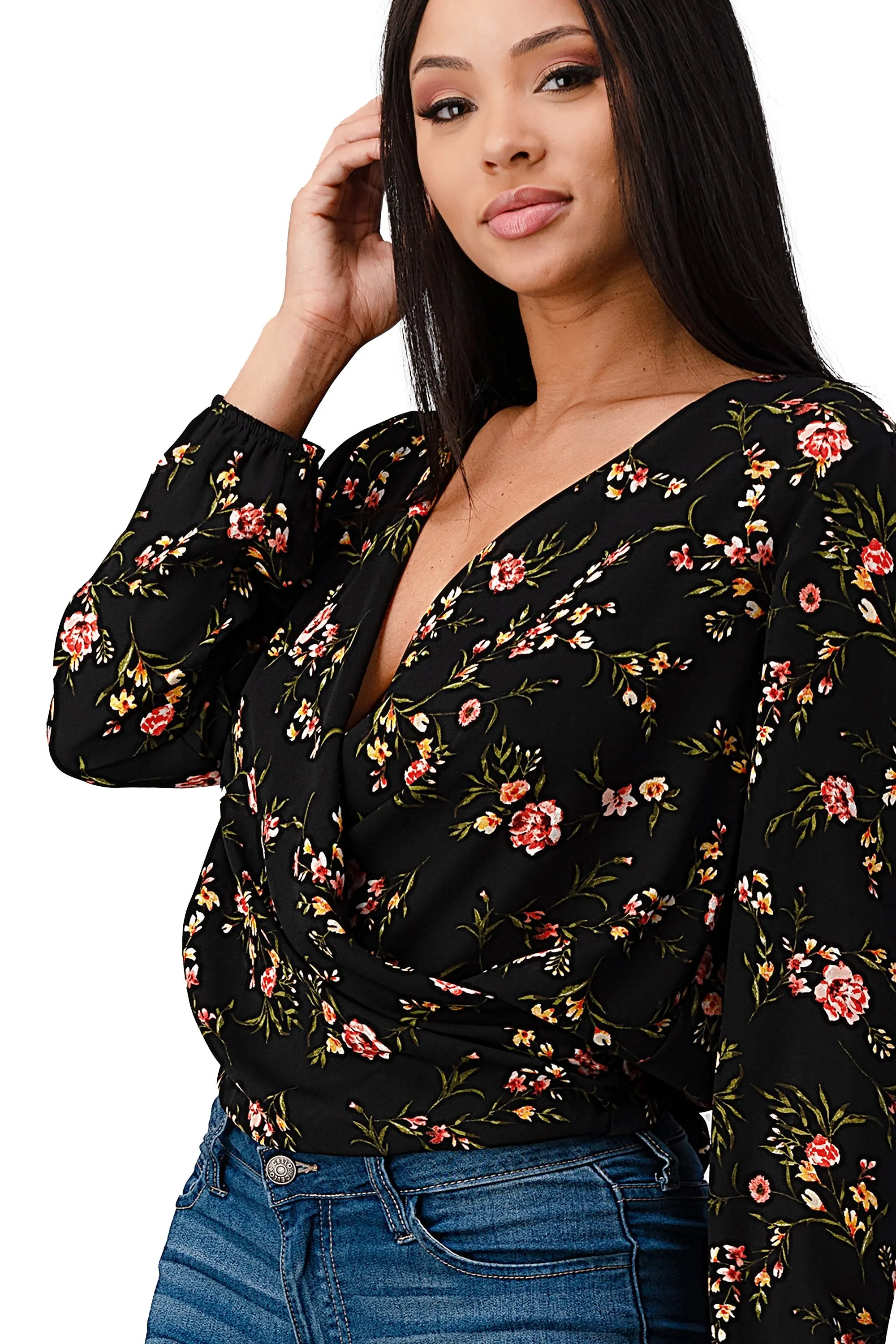 Long Sleeve Floral Surplice Blouse Top