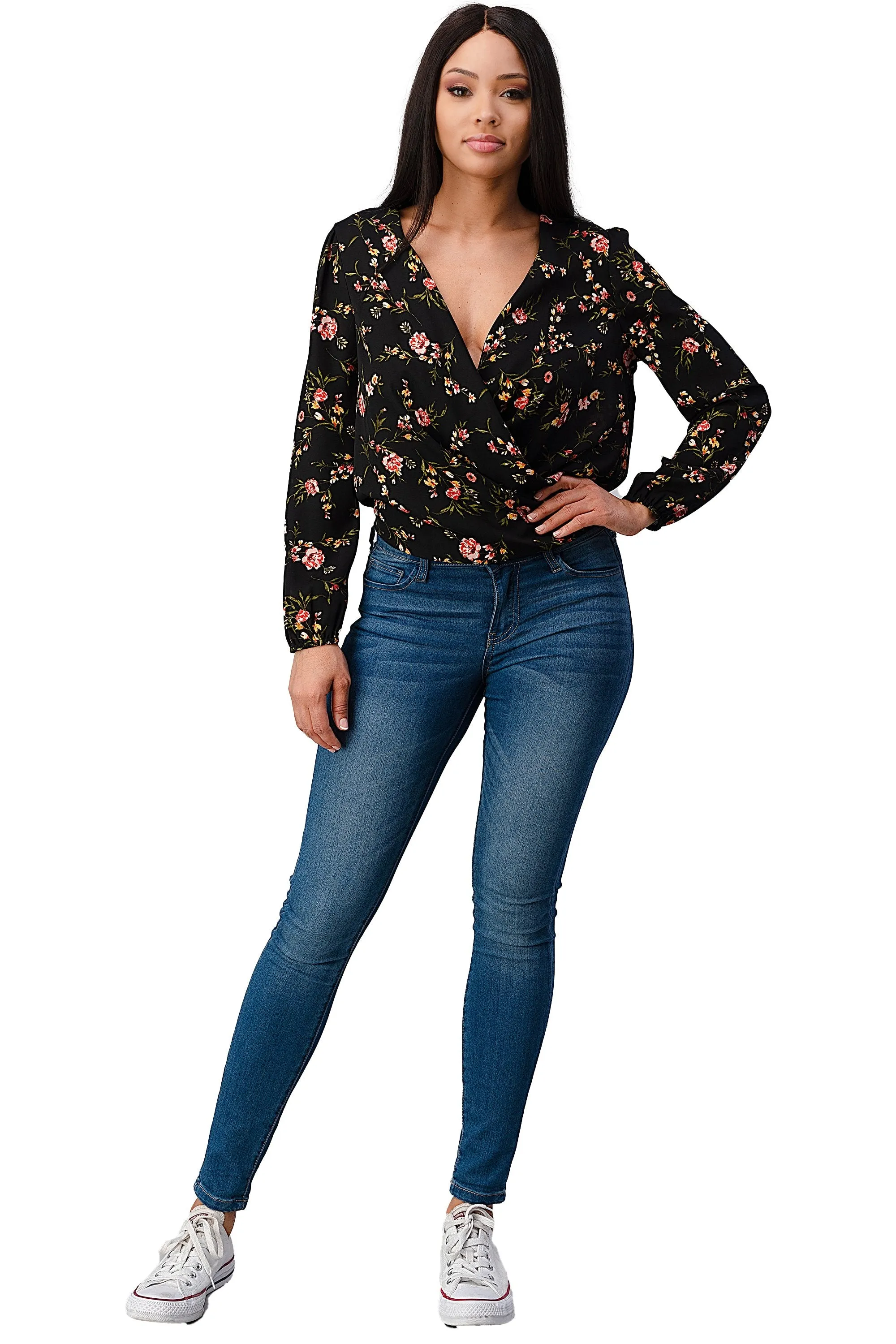 Long Sleeve Floral Surplice Blouse Top