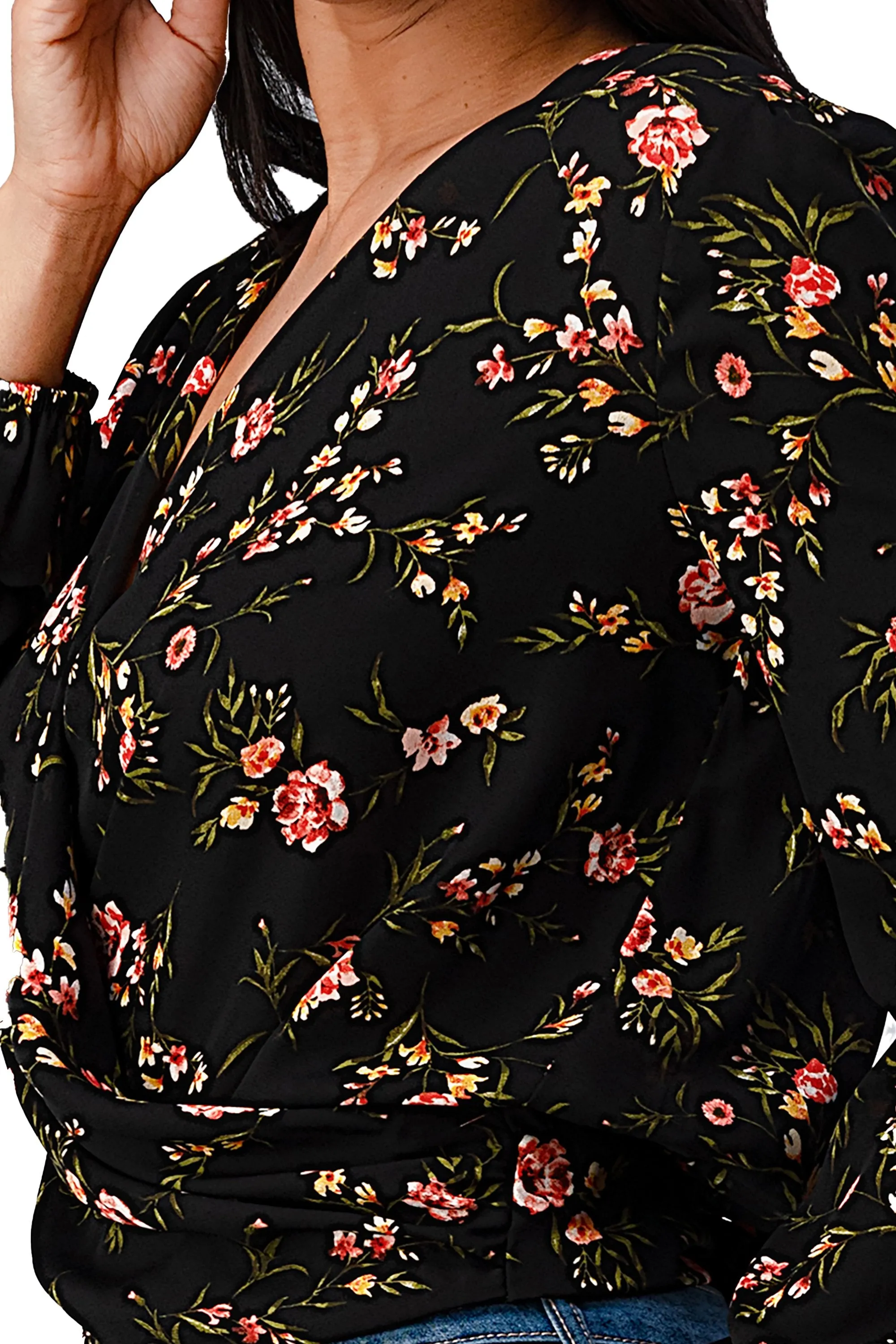 Long Sleeve Floral Surplice Blouse Top