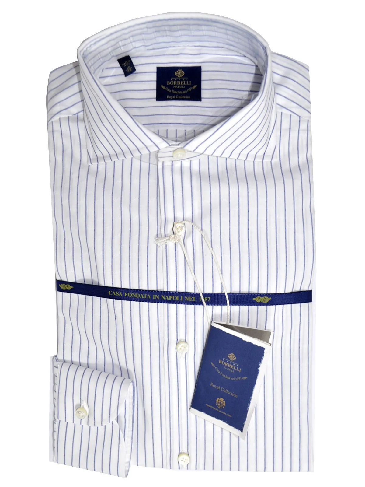 Luigi Borrelli Shirt Royal Collection White Navy Stripes 38 - 15 SALE