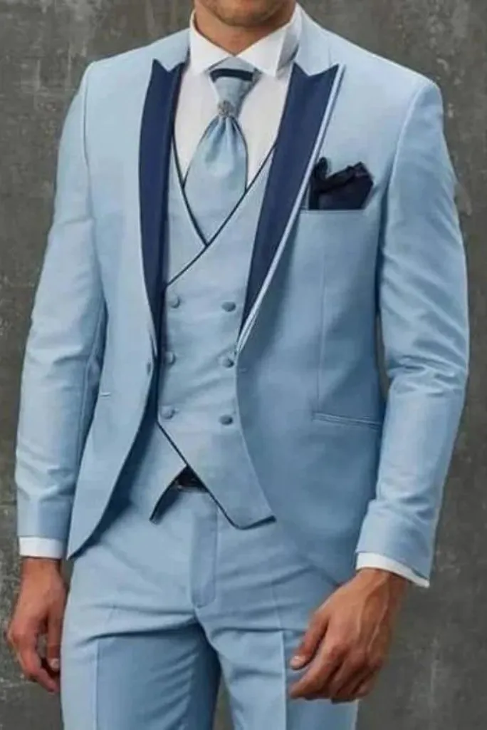 Men 3 Piece Tuxedo Wedding Suits Sky Blue For Party & Dinner Suits Bespoke For Men