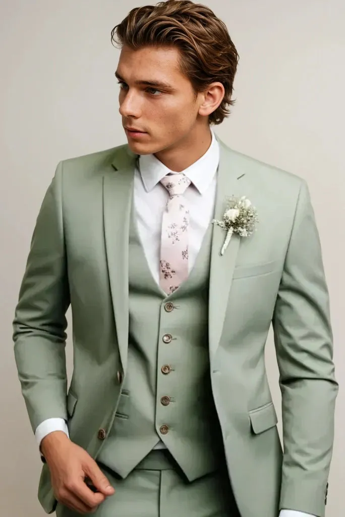 Men Sage Green 3 Piece Suit With Slim Fit Dinner Suits Groom Wedding Suit Reception Suit