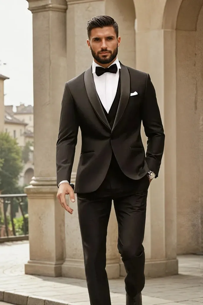 Men's Black Three Piece Suit For Groom Weddings Engagement Parties Formal Gatherings & Events