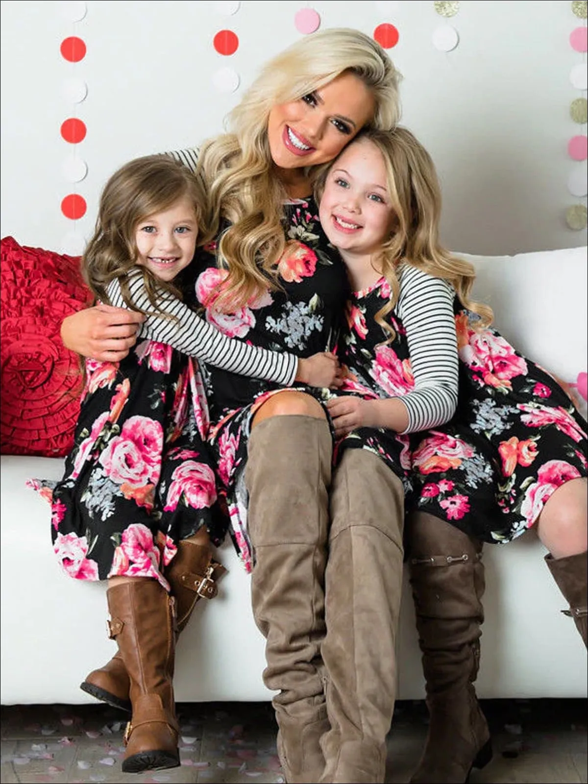 Mommy And Me Floral And Striped Print Raglan Dress