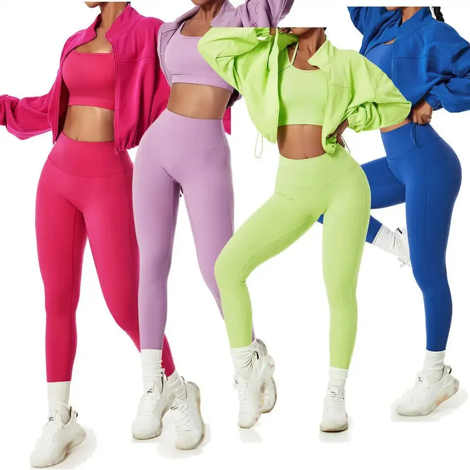 New Fitness Gym Sets 4-Piece Long Sleeve Hoodie Tracksuit Bra Leggings Workout Apparel Yoga Set for Women