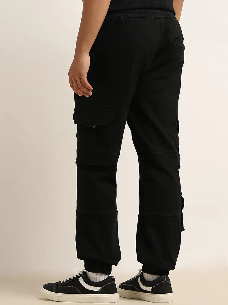 Nuon Black Relaxed-Fit Mid-Rise Cotton Blend Cargo Chinos