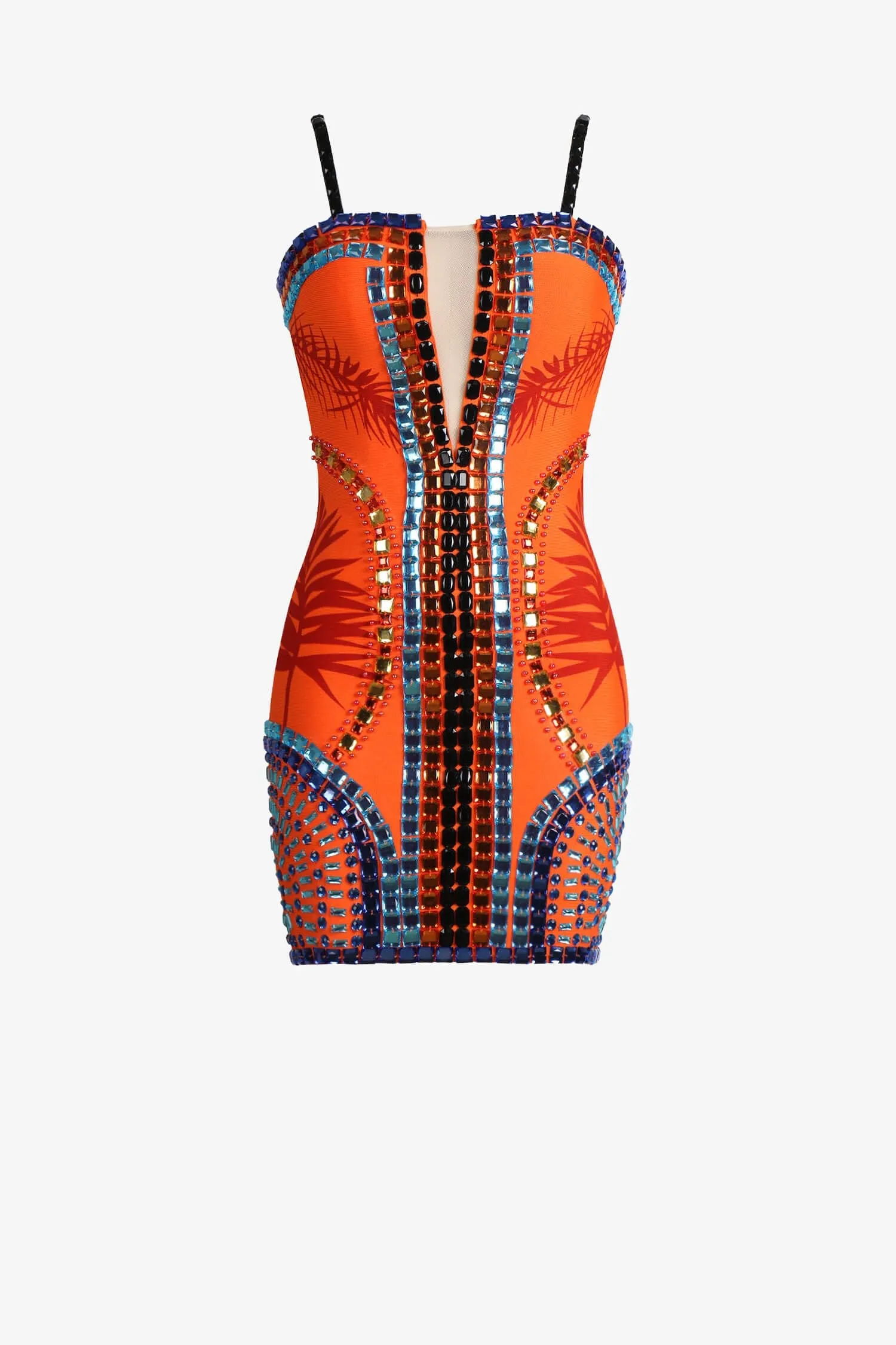 Orange Spaghetti Strap Embellished Mini Dress