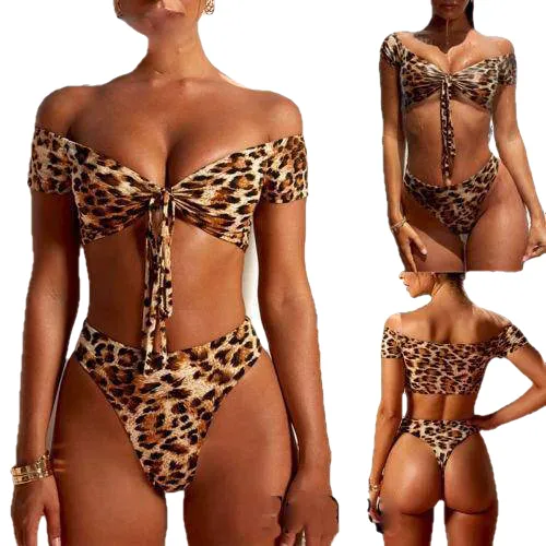 Padded Bra Tops Thong Bottoms Leopard Swimsuit Bikini