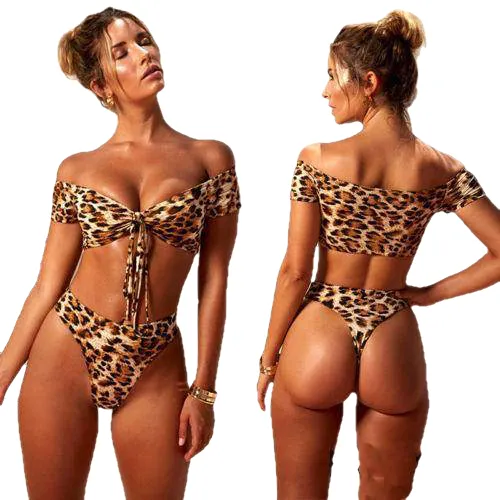 Padded Bra Tops Thong Bottoms Leopard Swimsuit Bikini