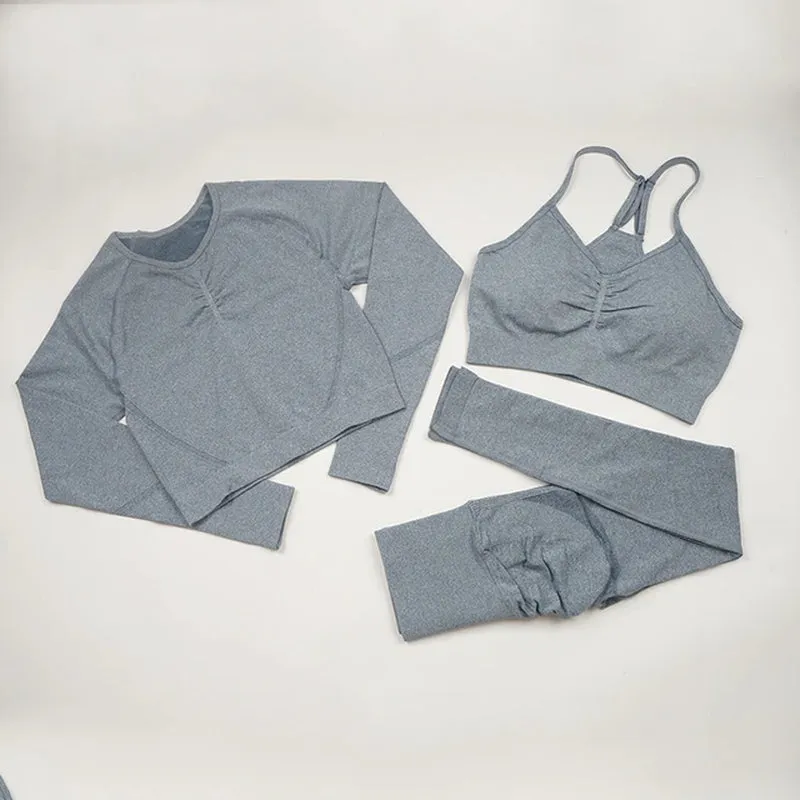 Professional Product Title: "Women's Seamless Yoga Set: High-Performance Workout Sportswear for Gym, Fitness, and Yoga - Long Sleeve Crop Top, High Waist Leggings, and Bra Sports Suits"