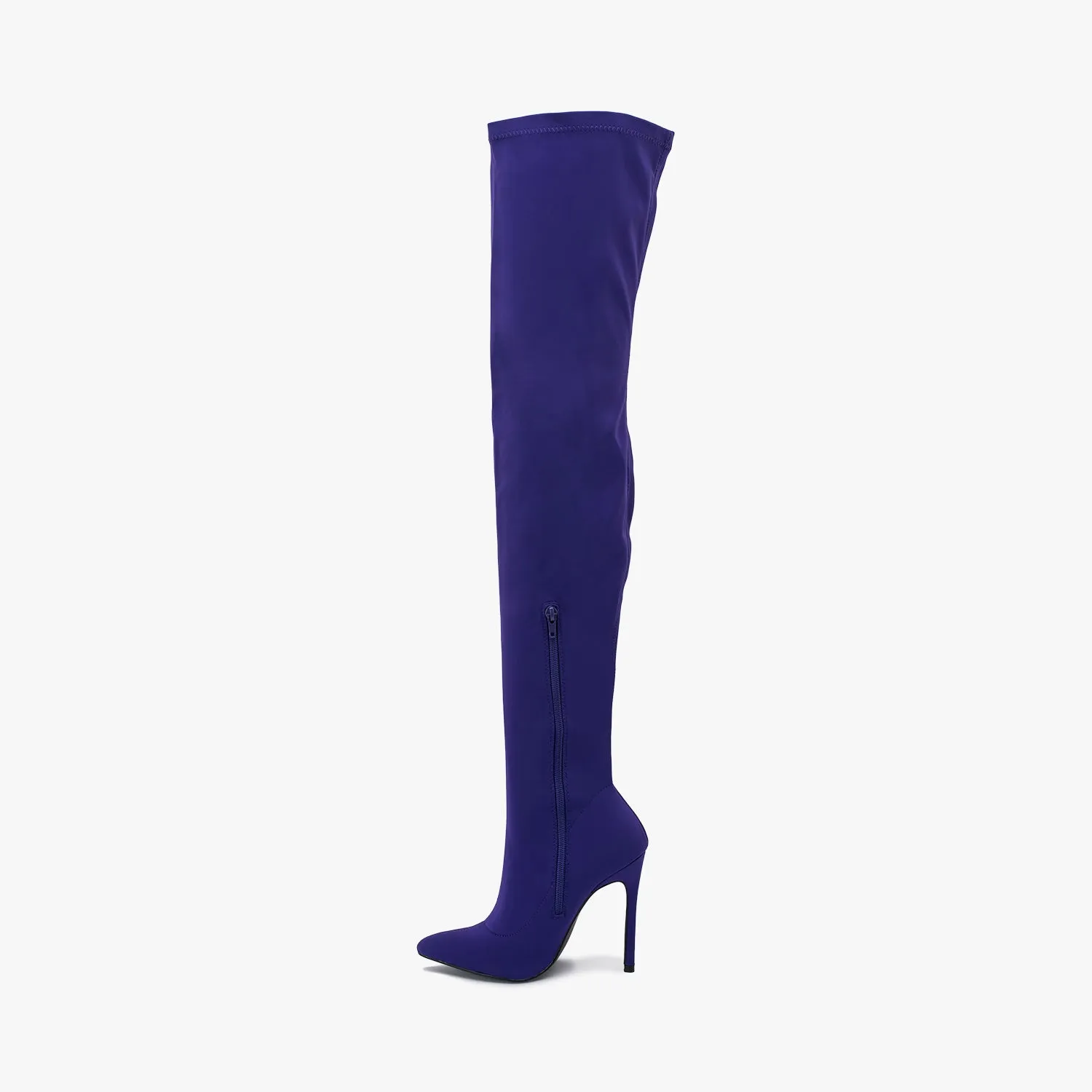 Purple Lycra Pointed Toe Toe Thigh High Boot