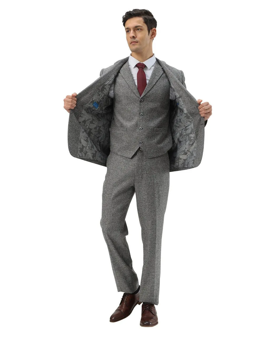 "Hybrid Fit" 3-Piece Tweed Suit with Notch Lapel by Sean Alexander - Grey