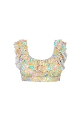 Retro Floral Double Frill Bikini Top