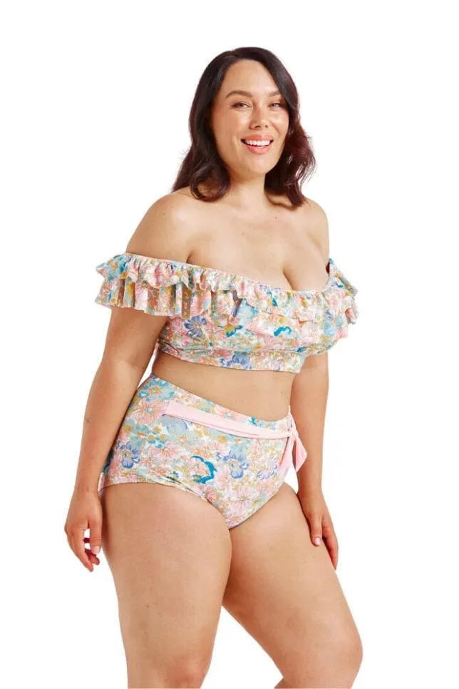 Retro Floral Double Frill Bikini Top