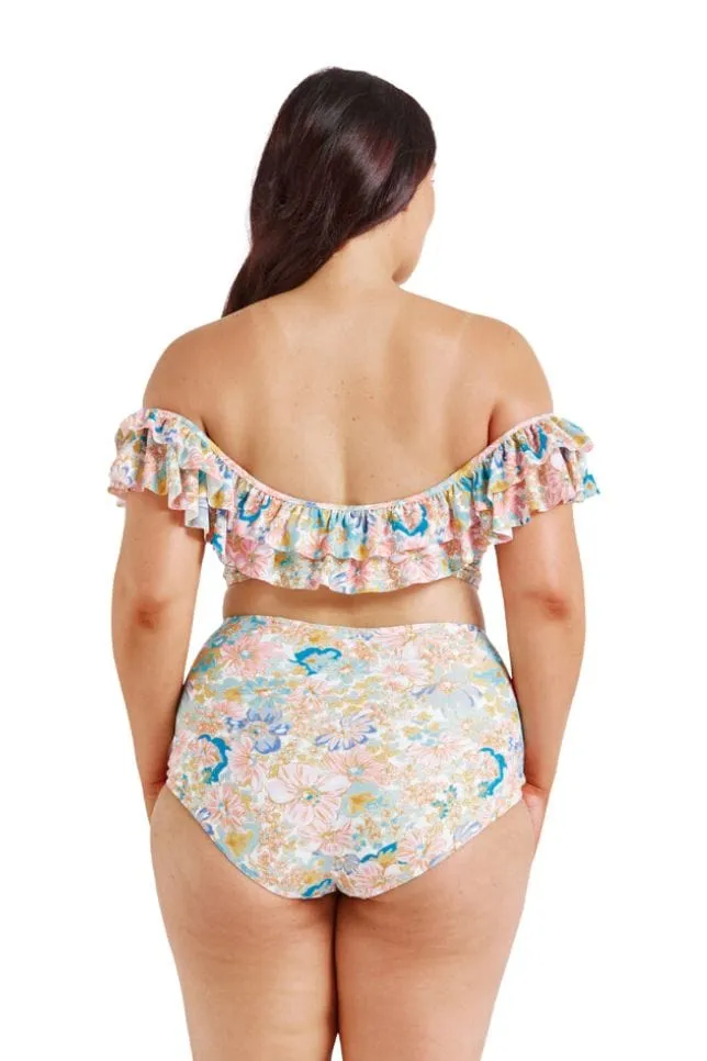 Retro Floral Double Frill Bikini Top