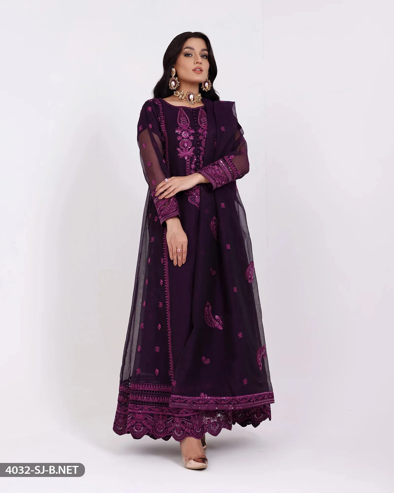 Sha Posh Embroidered Bori Net Maxi Suit - Magenta