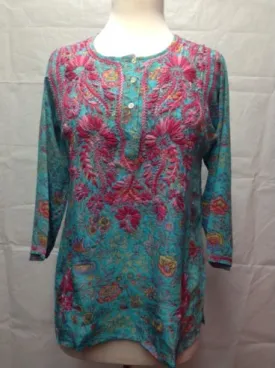 Silk Embroidered Tunic Pink and Blue