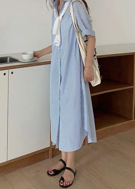 Simple Blue Striped long shirts Cotton Dress Short Sleeve