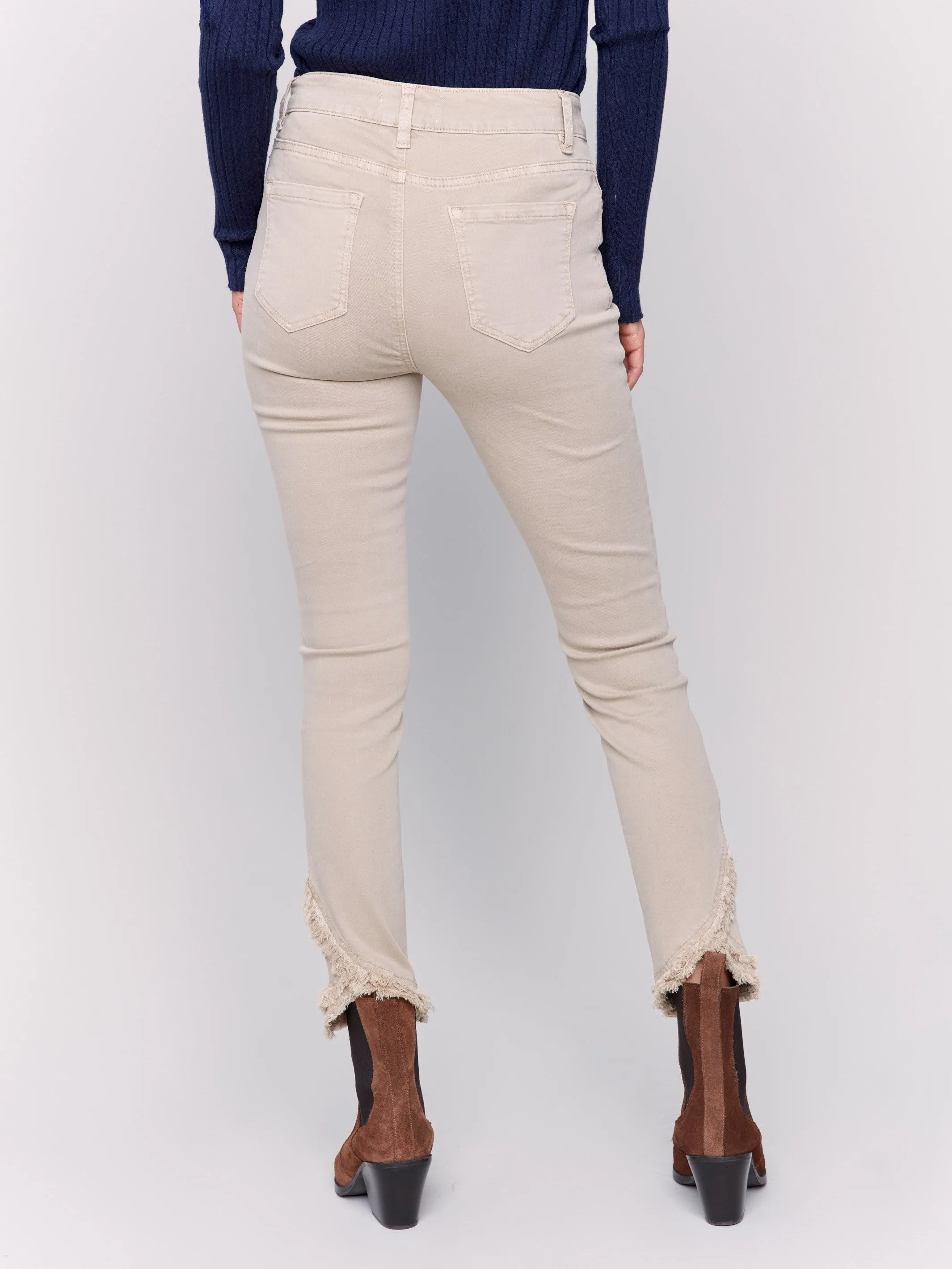 Slim Fit Twill Pants with Frayed Tulip Hem - Almond