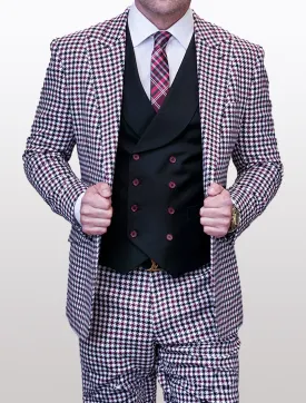 Statement Men's White and Burgundy Houndstooth 100% Wool Vested Suit