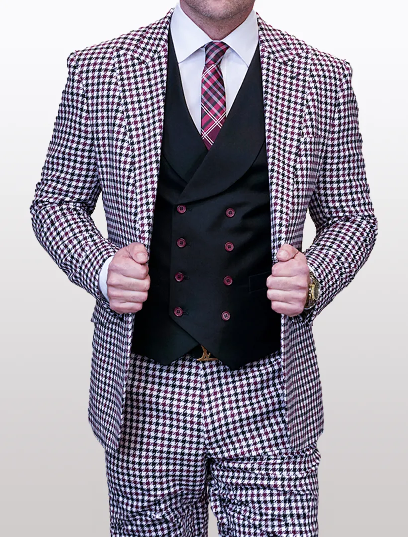 Statement Men's White and Burgundy Houndstooth 100% Wool Vested Suit