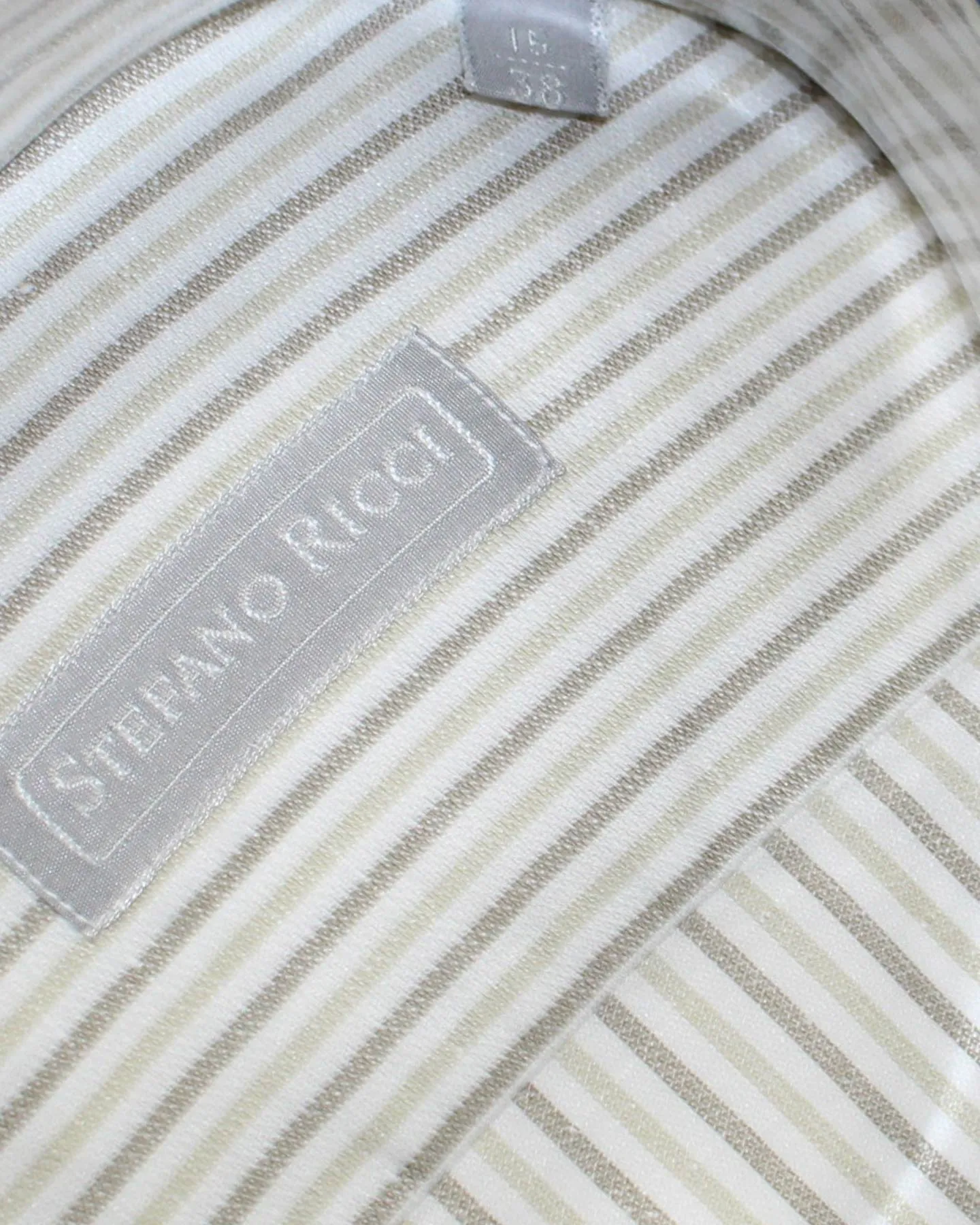 Stefano Ricci Shirt Slim Fit White Taupe Stripes Linen Cotton 38 - 15 SALE