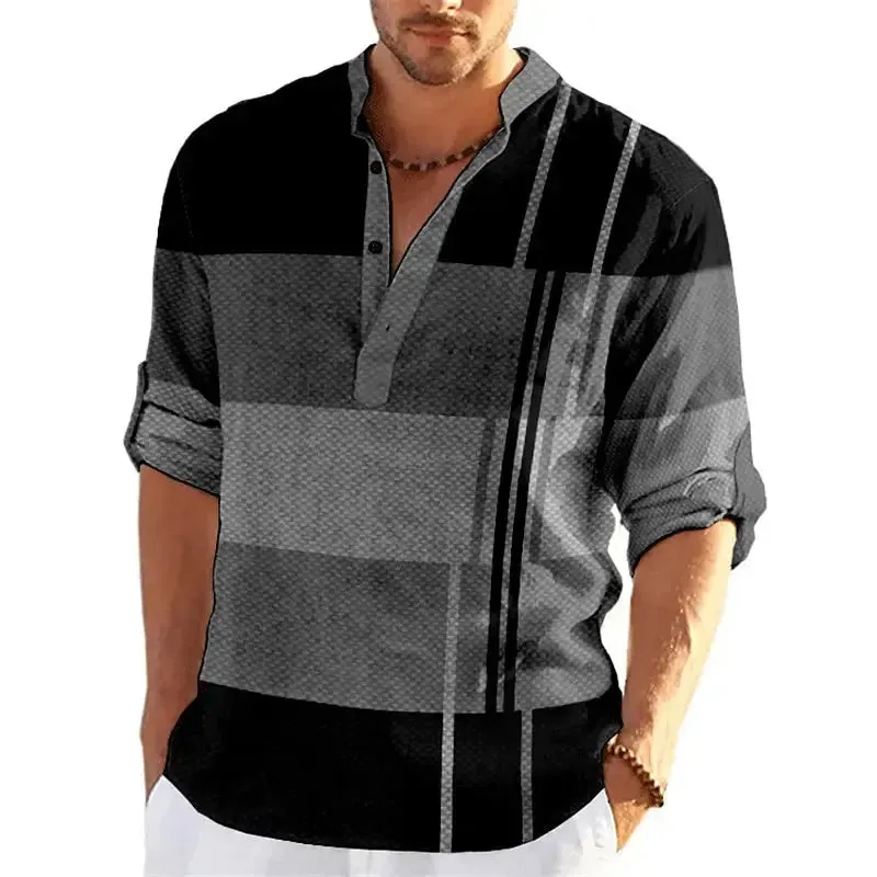 Striped Color Block 3D Print Henley Shirts Men's Fashion Streetwear Stand Collar Long Sleeve Shirt Male Tops Blouse Man Clothing