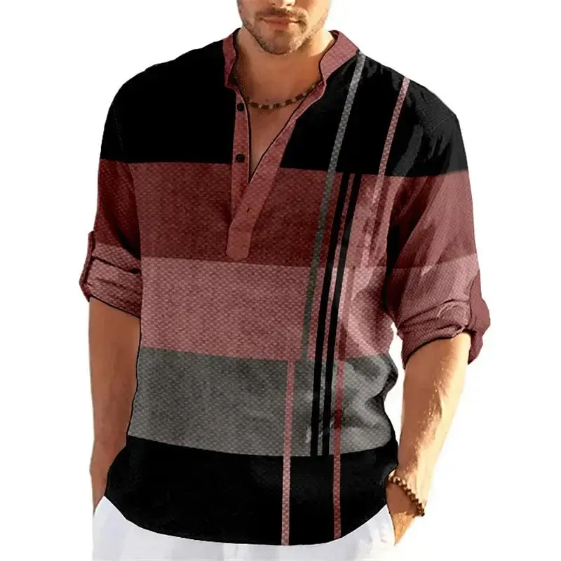 Striped Color Block 3D Print Henley Shirts Men's Fashion Streetwear Stand Collar Long Sleeve Shirt Male Tops Blouse Man Clothing