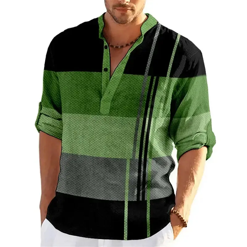 Striped Color Block 3D Print Henley Shirts Men's Fashion Streetwear Stand Collar Long Sleeve Shirt Male Tops Blouse Man Clothing