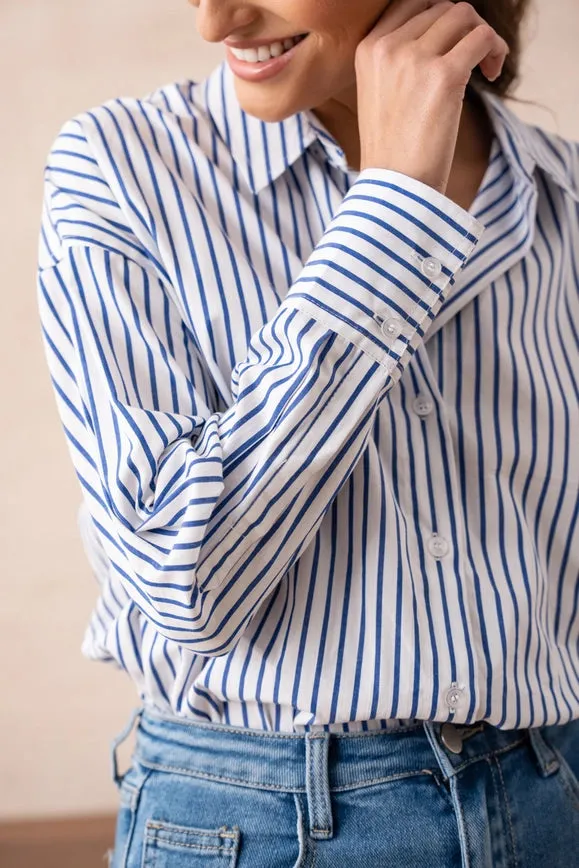 Striped Cotton Shirt with Lapel Collar  Navy Blue