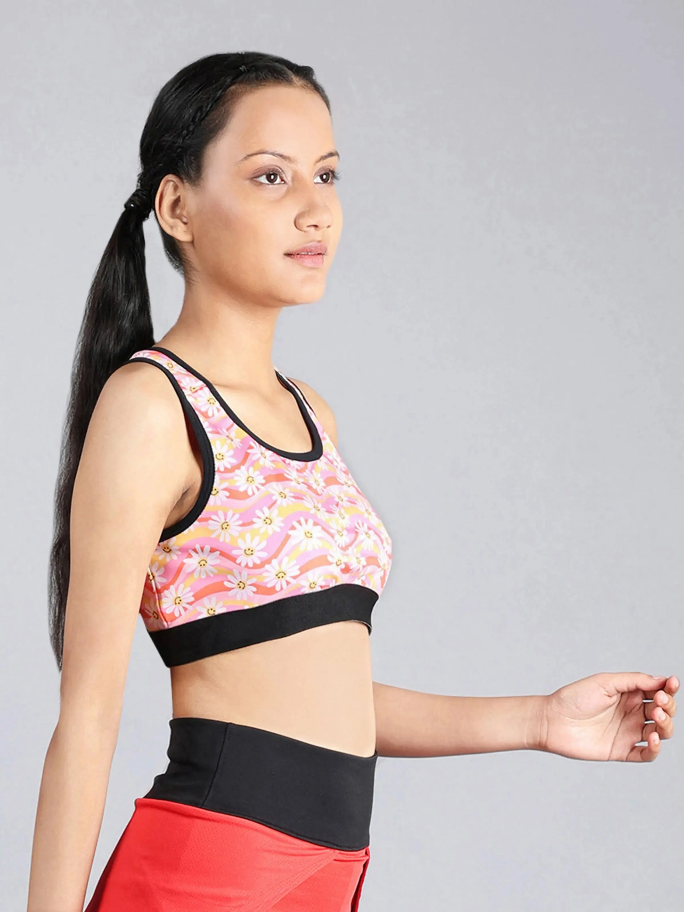 Sunflower Print Racerback Sports Bra | Full Coverage