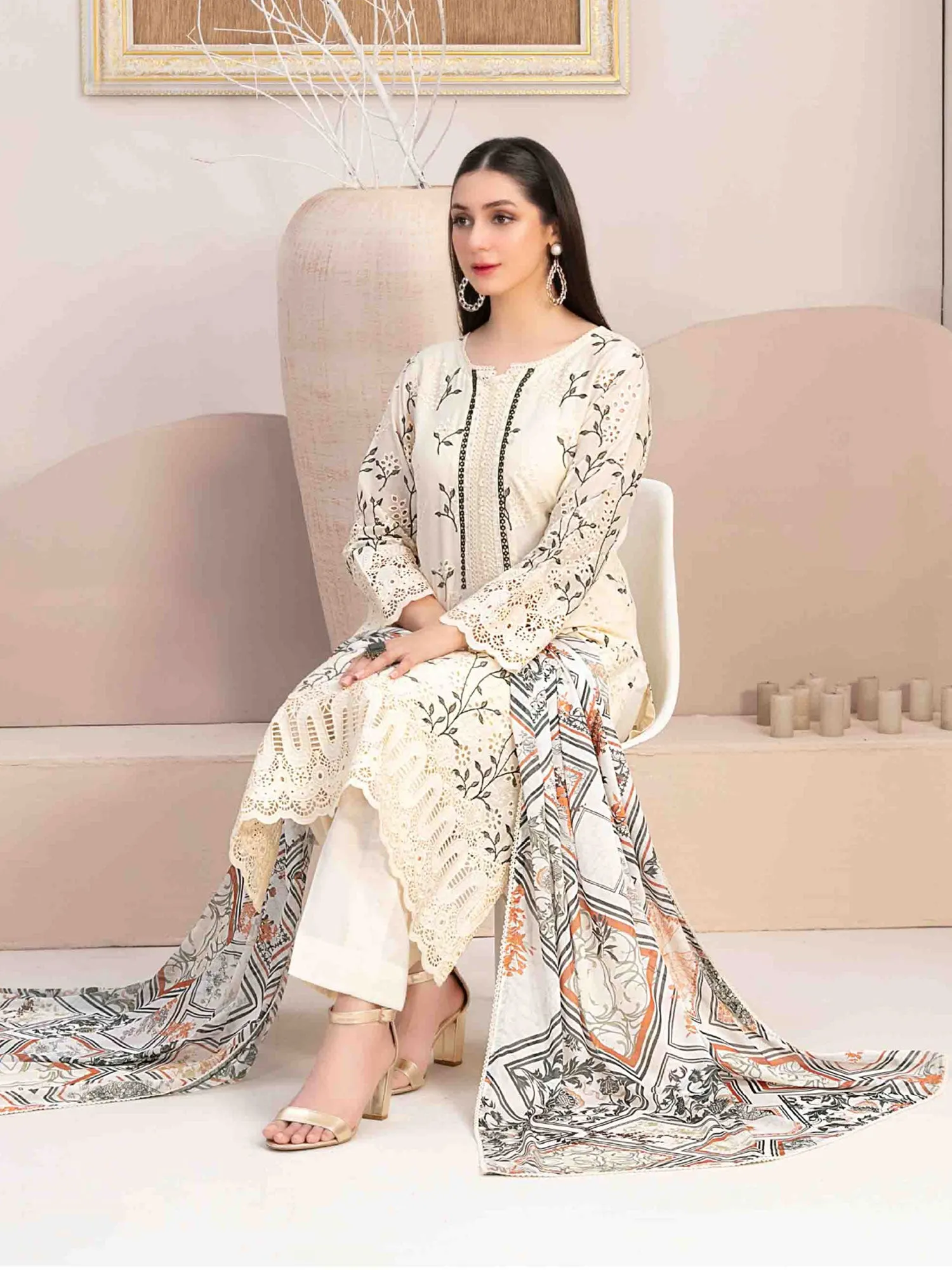 Tawakkal "Mehri" Fancy Embroidered Lawn Suit (D3076) - Cream